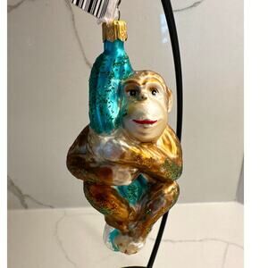 Vintage Glass Monkey on Vine Christmas Ornament Hand-Painted Glitter Accents